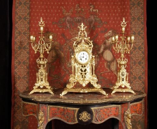 ***** Sold ***** Large Antique French Gilt Brass Clock Set - A. D. Mougin